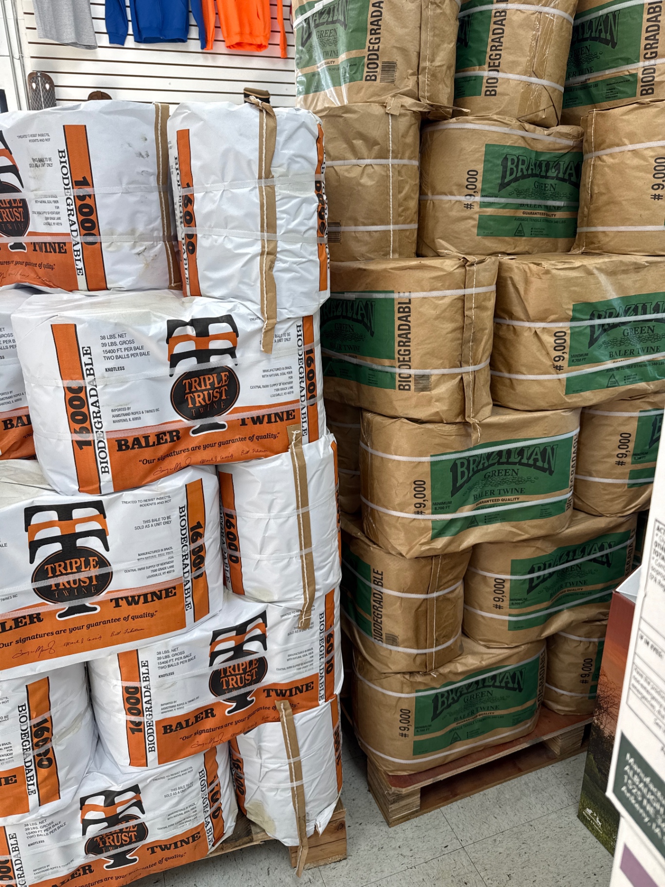 Triple Trust and Brazilian Green biodegradable baler twine stacked at Hinton Mills