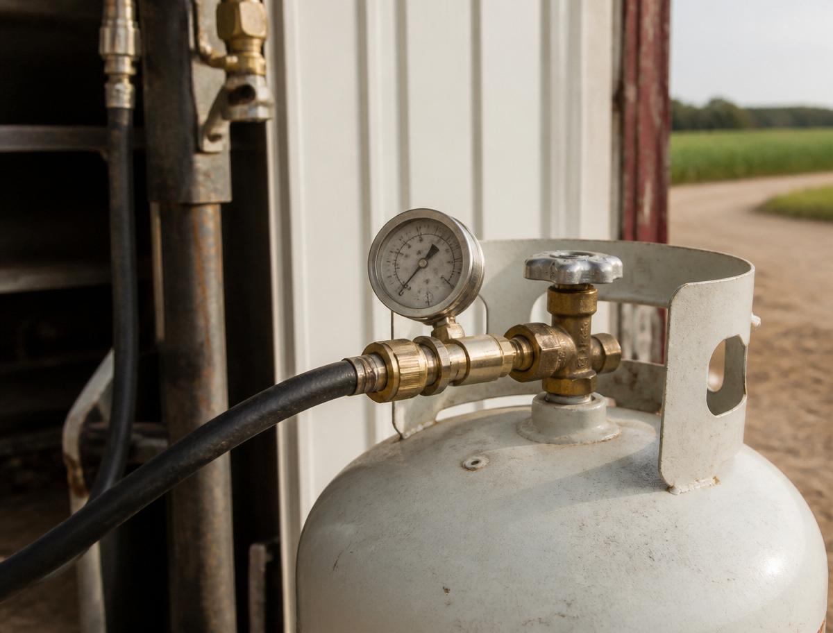 Propane cylinder being refilled at the fill station
