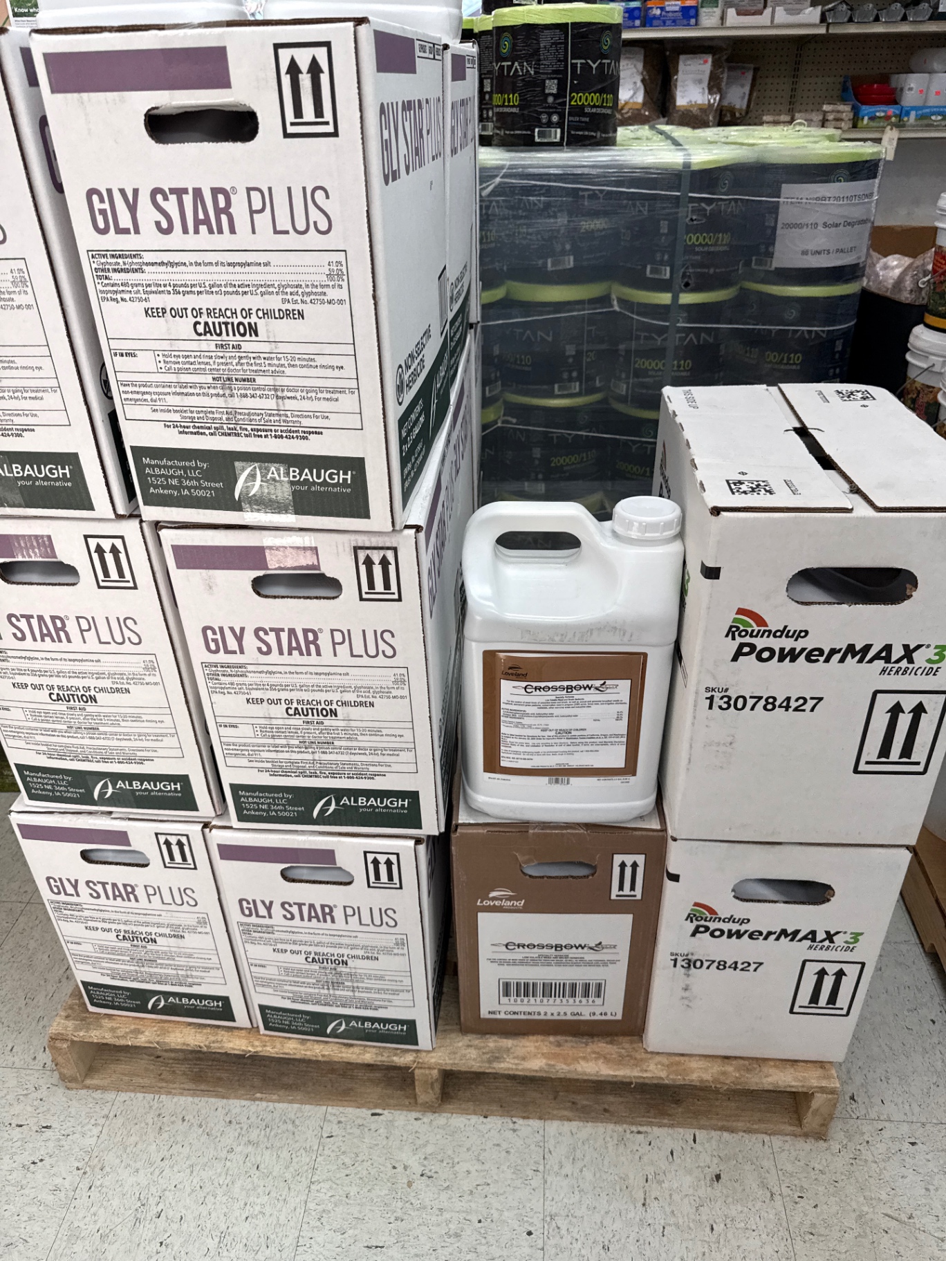 Pallet of Gly Star Plus, Roundup PowerMAX 3, and Crossbow herbicide at Hinton Mills