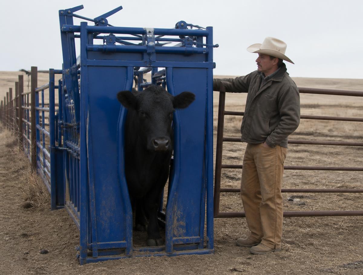 Blue self-catch cattle headgate holding a black cow at the end of an alley