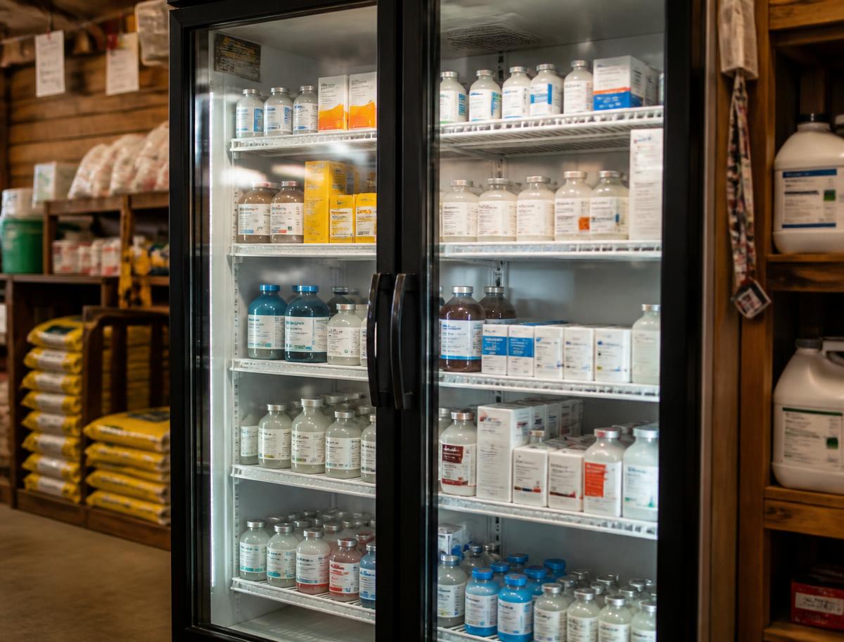 Refrigerated cooler stocked with cattle and dog vaccines inside a Hinton Mills store