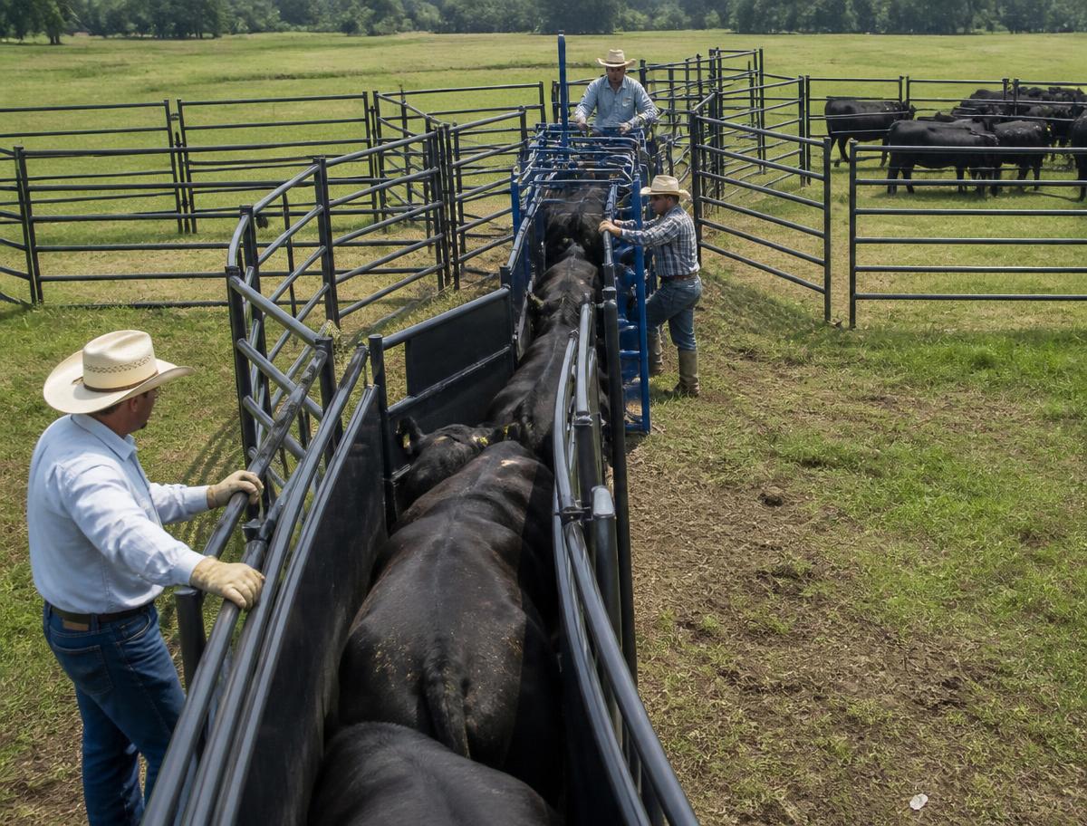 Cattle moving through a steel working alley toward a chute while three ranchers work the gates